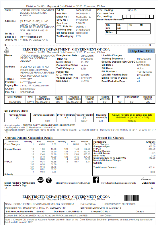INIDA ELECTRICITY DEPARTMENT GOVERNMENT OF GOA utility bill Word and PDF template